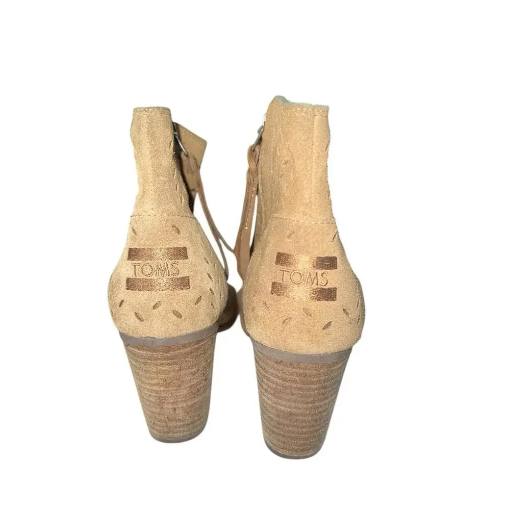 TOMS Majorca Tan Suede Peep Toe Heeled Ankle‎ Boots Booties Womens Size 7.5